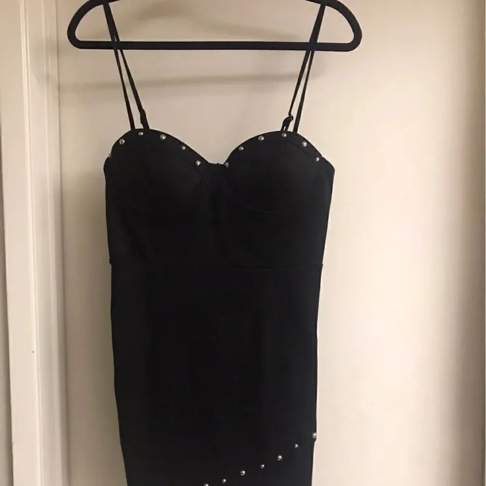 NWT~Black Faux Suede Gold Studded Cami Mini Dress